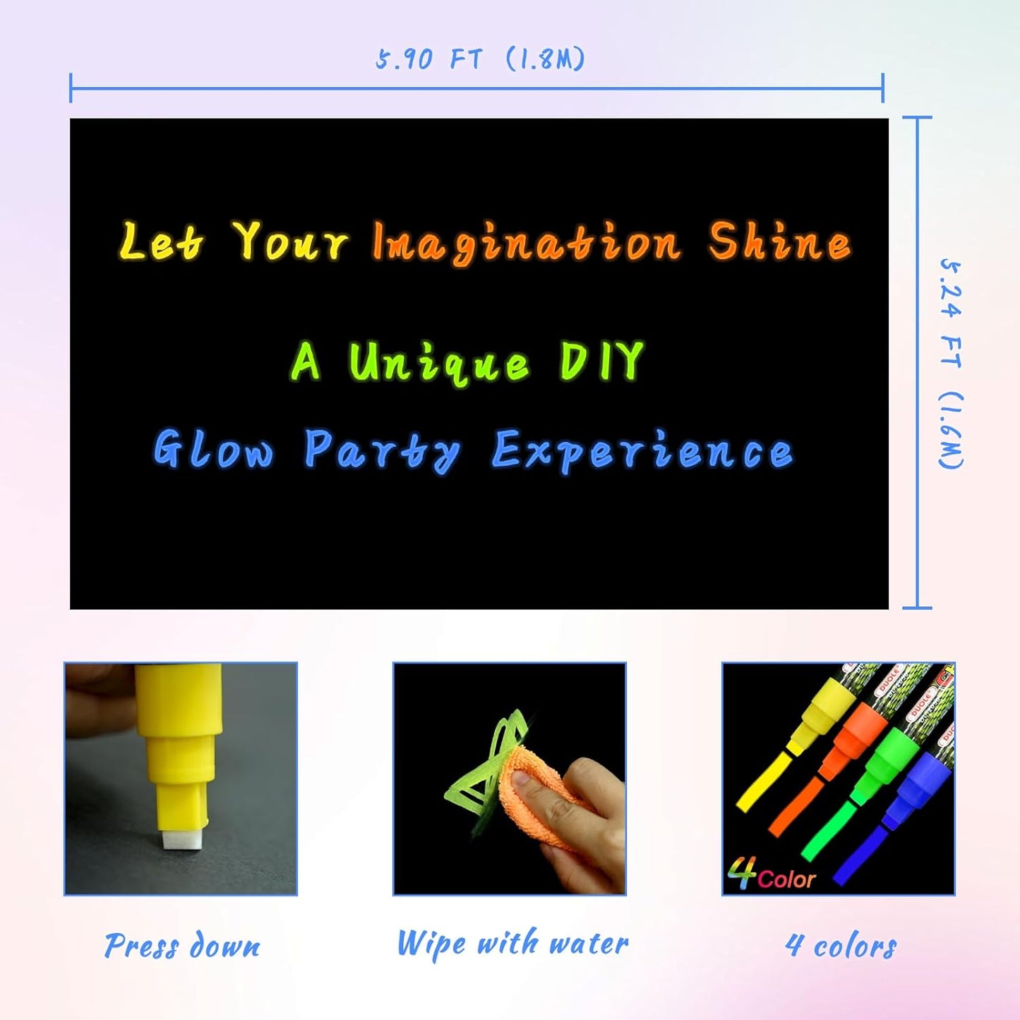 Mega-L Glow In The Dark Party Supplies, Neon Halloween DIY party decorations with 4 fluorescent colored pens, Let’s Glow Photography Background Birthday Graffiti Black Light Photo Booth (5.2x5.9 feet)