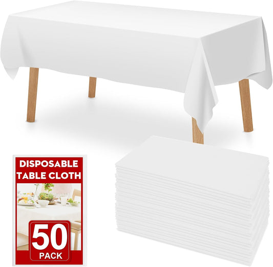 50 Pack White Plastic Table Cloths Disposable, 54 x 108 Inches Plastic Table Cover for Rectangle Tables, Disposable Tablecloth for Dinning, Parties, BBQ, Wedding, Outdoor