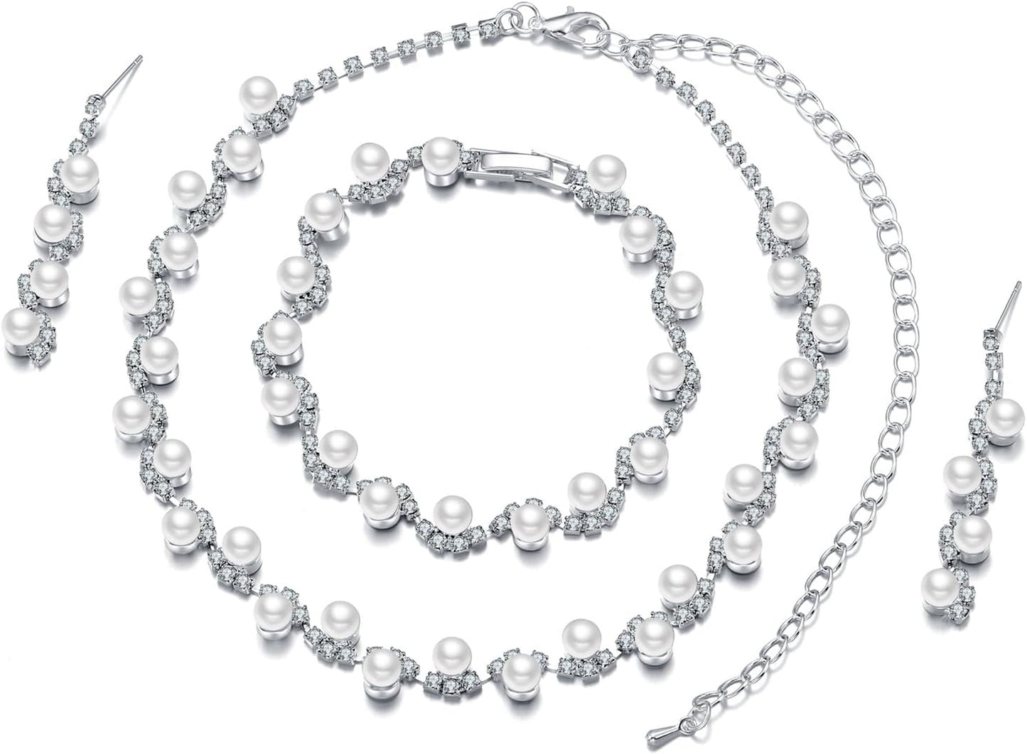 la luen Pearl Bride Wedding Jewelry Set Faux Pearls Crystal Rhinestone Necklace Earrings Bracelet Sets for Women Bridesmaid(3 PCS)