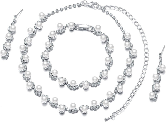la luen Pearl Bride Wedding Jewelry Set Faux Pearls Crystal Rhinestone Necklace Earrings Bracelet Sets for Women Bridesmaid(3 PCS)