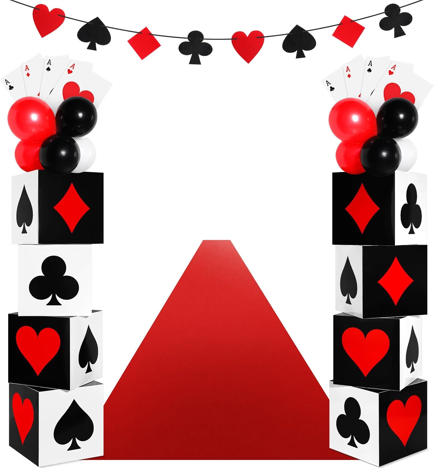 Zhanmai 52 Pcs Casino Themed Decorations Set Las Vegas Game Night Entryway Door Party Decor 8 Pcs 12 Inch Large Poker Boxes 8 Jumbo Poker Cards 30 Pcs Balloon Aisle Runners for Birthday Celebration