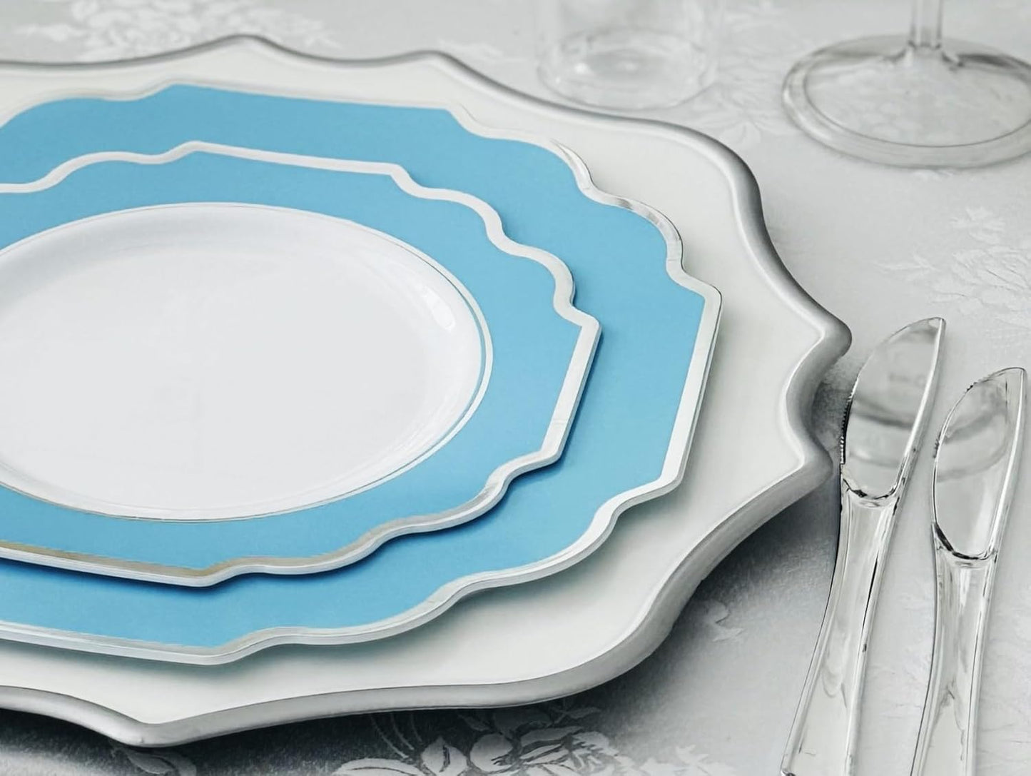 " OCCASIONS " 50 Plates Pack (25 Guests)-Heavyweight Wedding Party Disposable Plastic Plate Set -(25x10.5'' Dinner + 25x8'' Salad/dessert (Imperial Aqua & Silver)