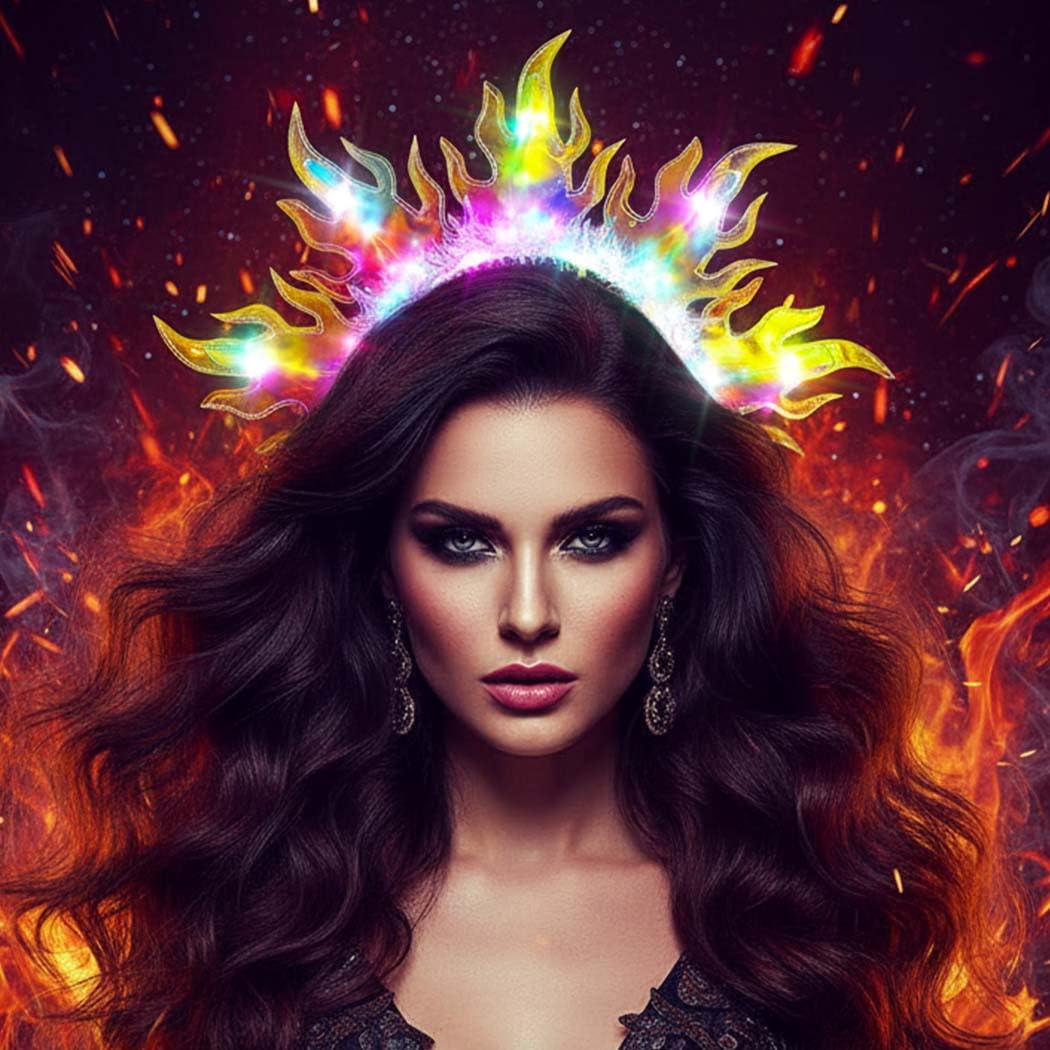 DRESBE Light Up Sun Crown Headband Glow Costume Headbands LED Flame Party Hair Accessories for Women (Colorful Light)