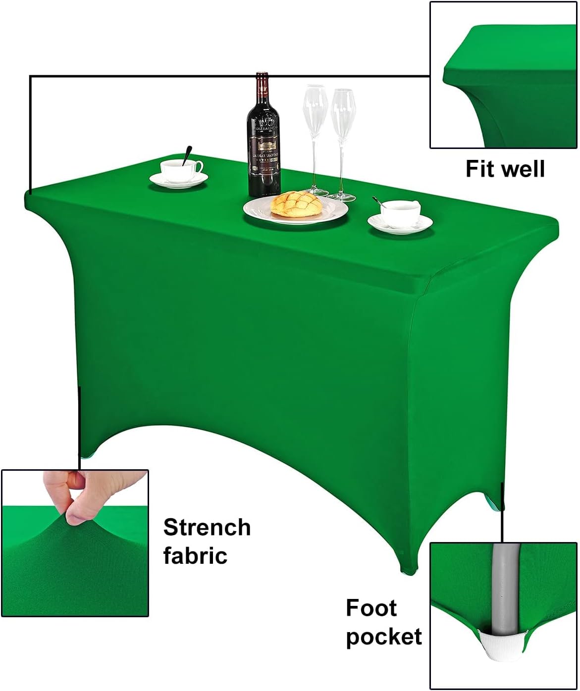 FORLIFE Spandex Fitted Tablecloth - 4ft Rectangular, Universal Stretch Patio Table Cover for Wedding, Banquet, Party (Emerald)