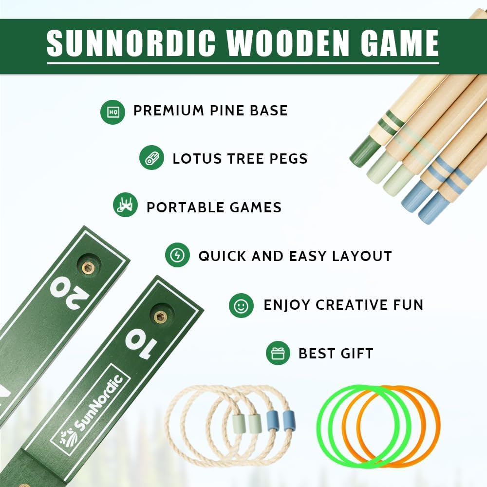 Wooden Ring Toss Game Set, Backyard Beach Camping Game with Toss Rings & Portable Carrying Bag, Outdoor Lawn & Yard Games for Kids, Adults & Family