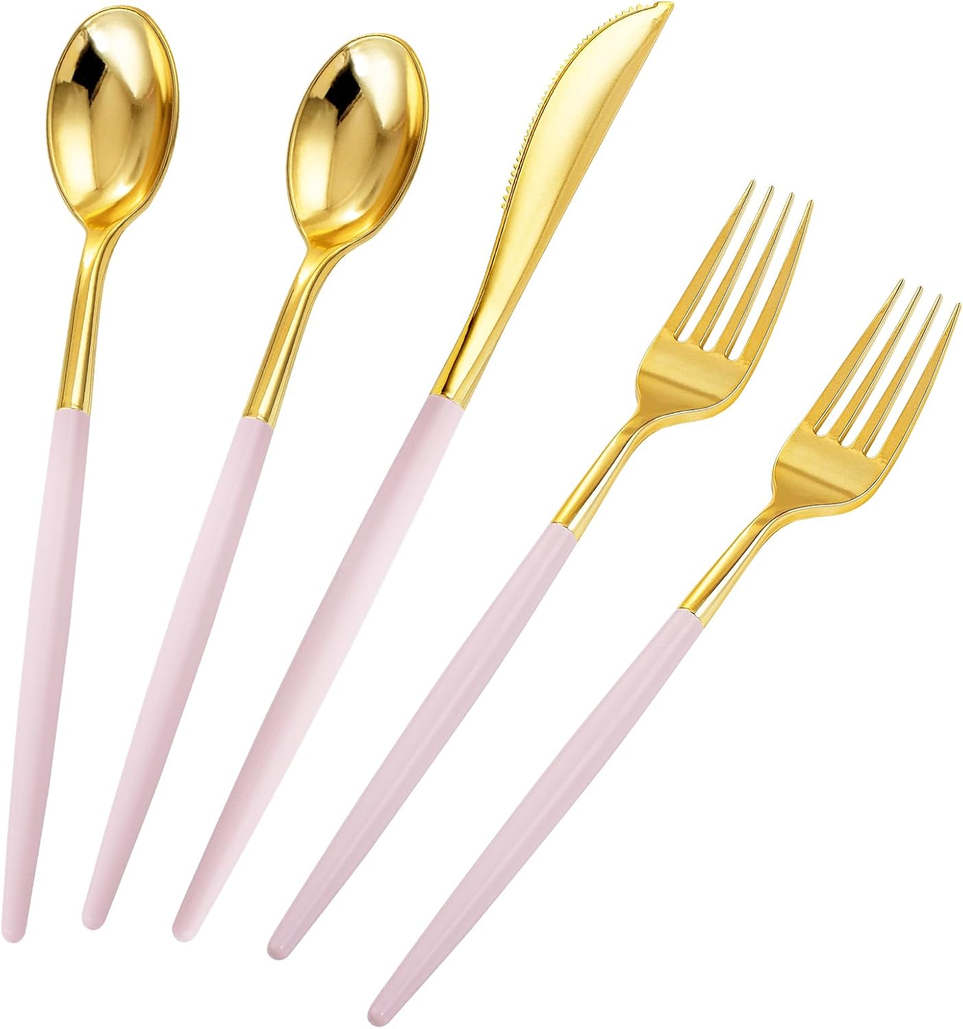 Rubtlamp 90Pcs Gold Plastic Silverware, Thanksgiving Gold Utensils Set With Pink Handles Include 30 Gold Knives, 60Plastic Forks and Spoons, Pink Silverware Heavy Duty For Thanksgiving