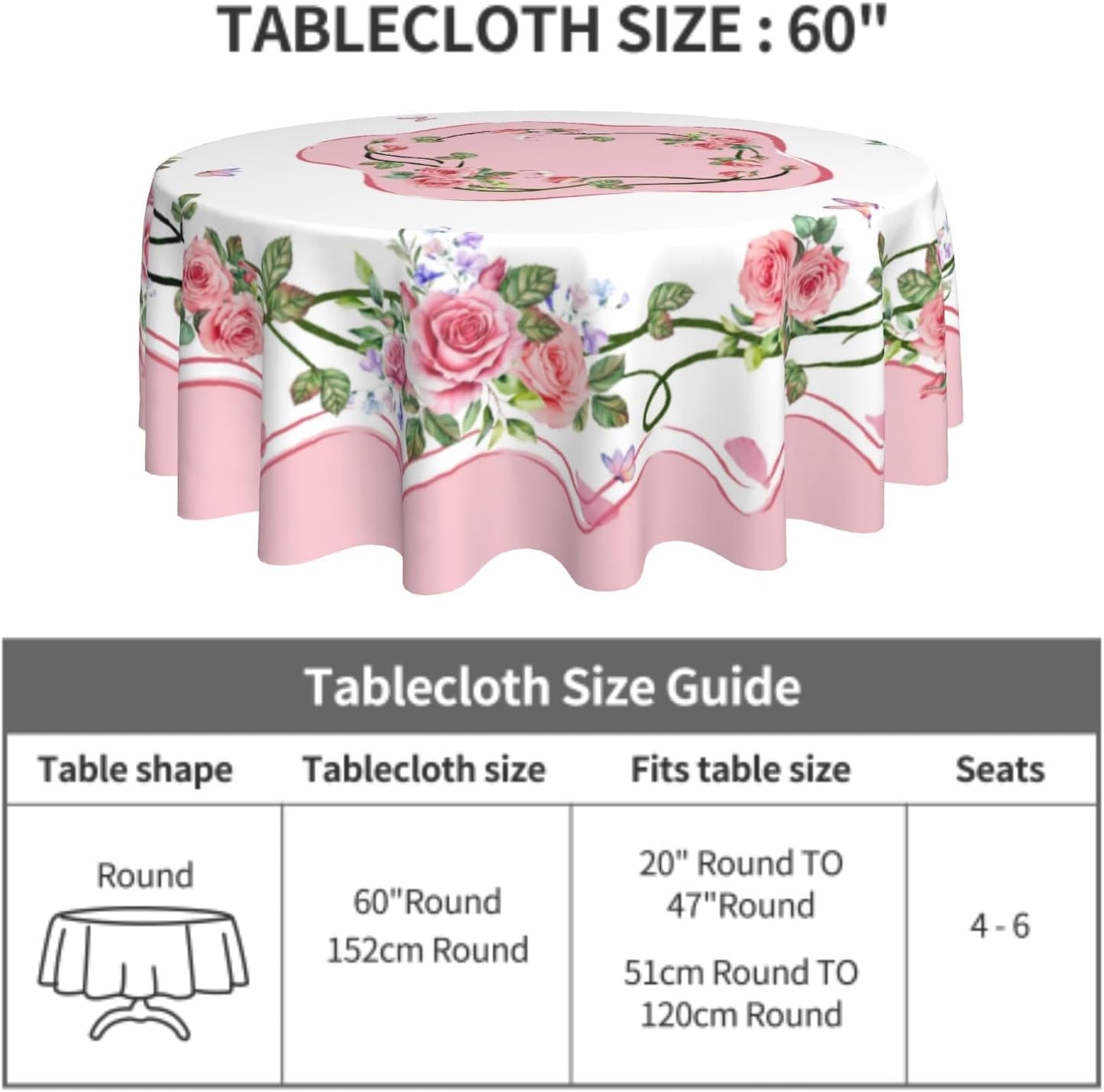 Giwawa Rose Flower Round Tablecloth 60Inch Valentines Day Pink Floral Butterflies Table Cover Romantic Spring Kitchen Dining Polyester Stain Resistant Table Cloth for Holiday Party Picnic Decor