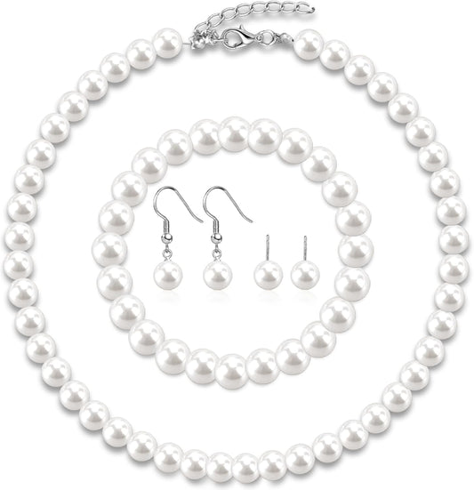 Pearl Jewelry Set for Women Faux Pearl Costume Jewelry Set with Necklace, Bracelets, Ring, Earrings for Wedding Bridal Birthday Tea Party