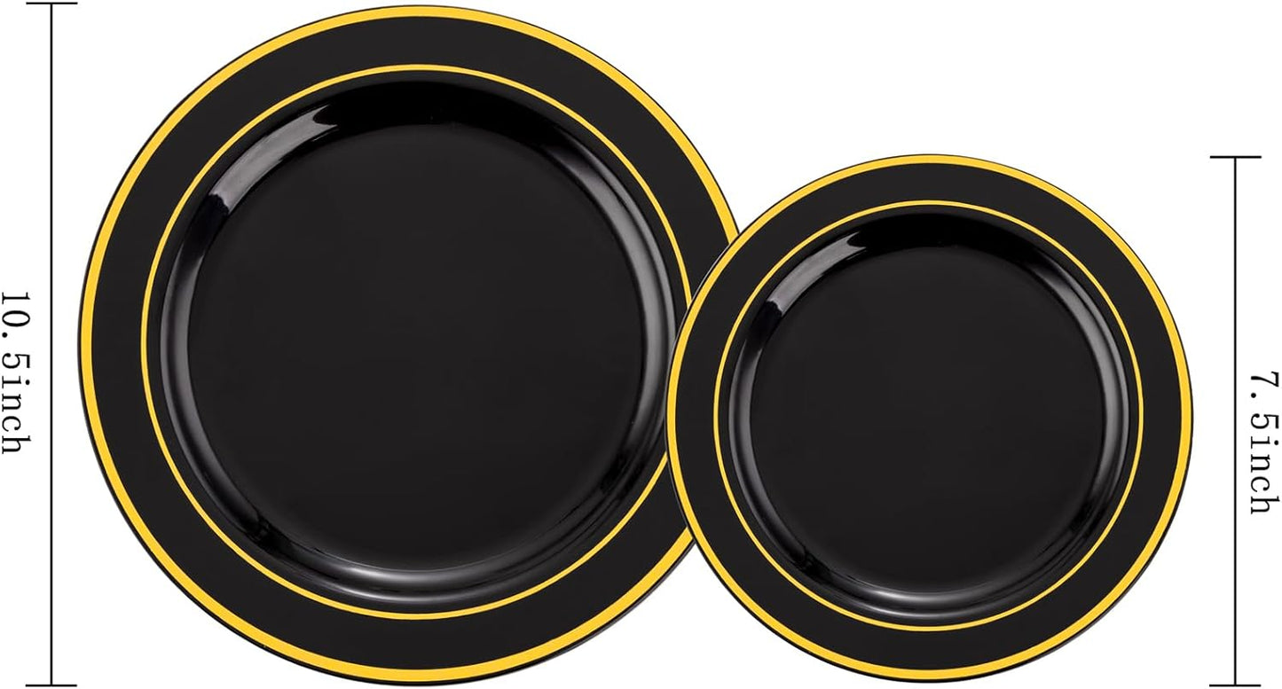 FLOWERCAT 100PCS Black and Gold Plates - Heavy Duty Black Plates Disposable for Halloween Party/New Year - Include 50PCS 10.25inch Dinner Plates - 50PCS 7.5inch Dessert Plates