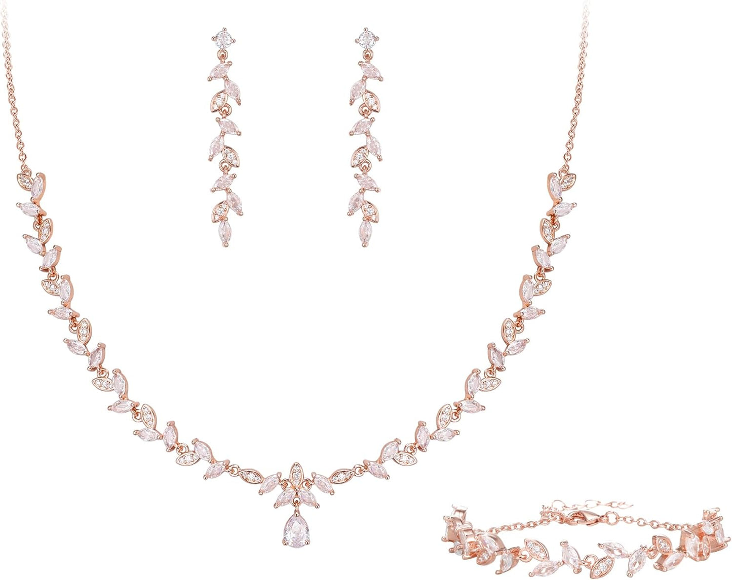 BriLove Wedding Bridal Jewelry for Women Cubic Zirconia Marquise Teardrop Leaf Cluster Y-Necklace Dangle Earrings Link Bracelet Set