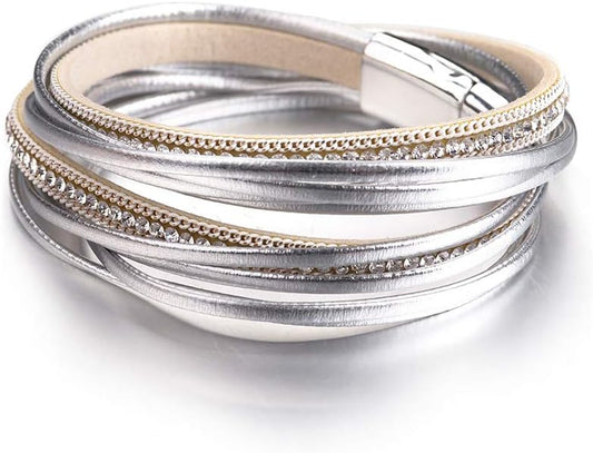 Fesciory Leather Wrap Bracelets for Women, Boho Leopard Multi-Layer Crystal Beads Cuff Bracelet Jewelry