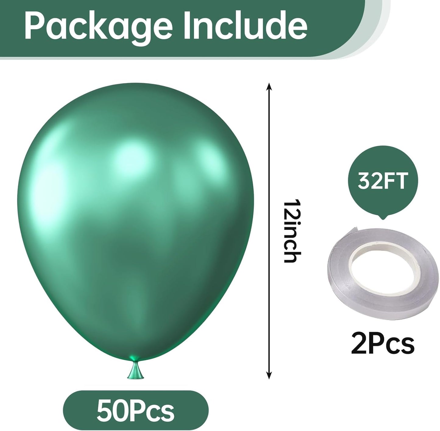 KALOR 12 Inch Metallic Green Balloons, 50 Pcs Latex Helium Metallic Balloons for Kid's Birthday Party, Baby Shower, Wedding, Graduate Party Decorations