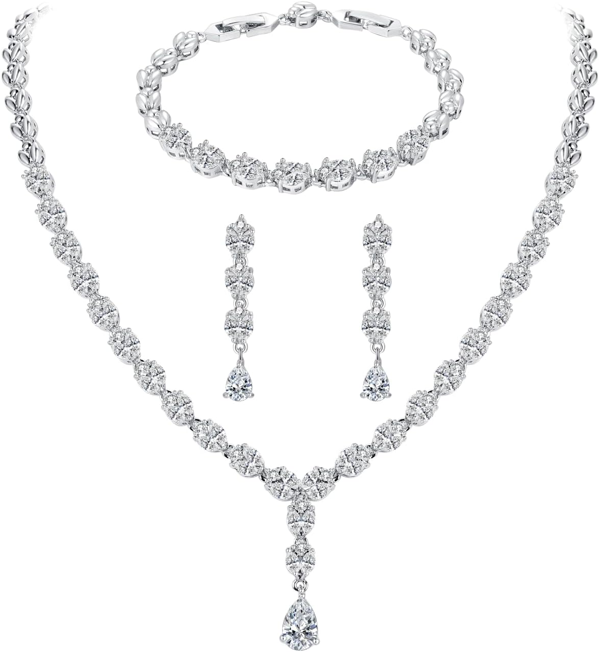 Hadskiss Jewelry Set for Women, Necklace Dangle Earrings Bracelet Set with White AAA Cubic Zirconia, Allergy Free Wedding Party Jewelry for Bridal Bridesmaid