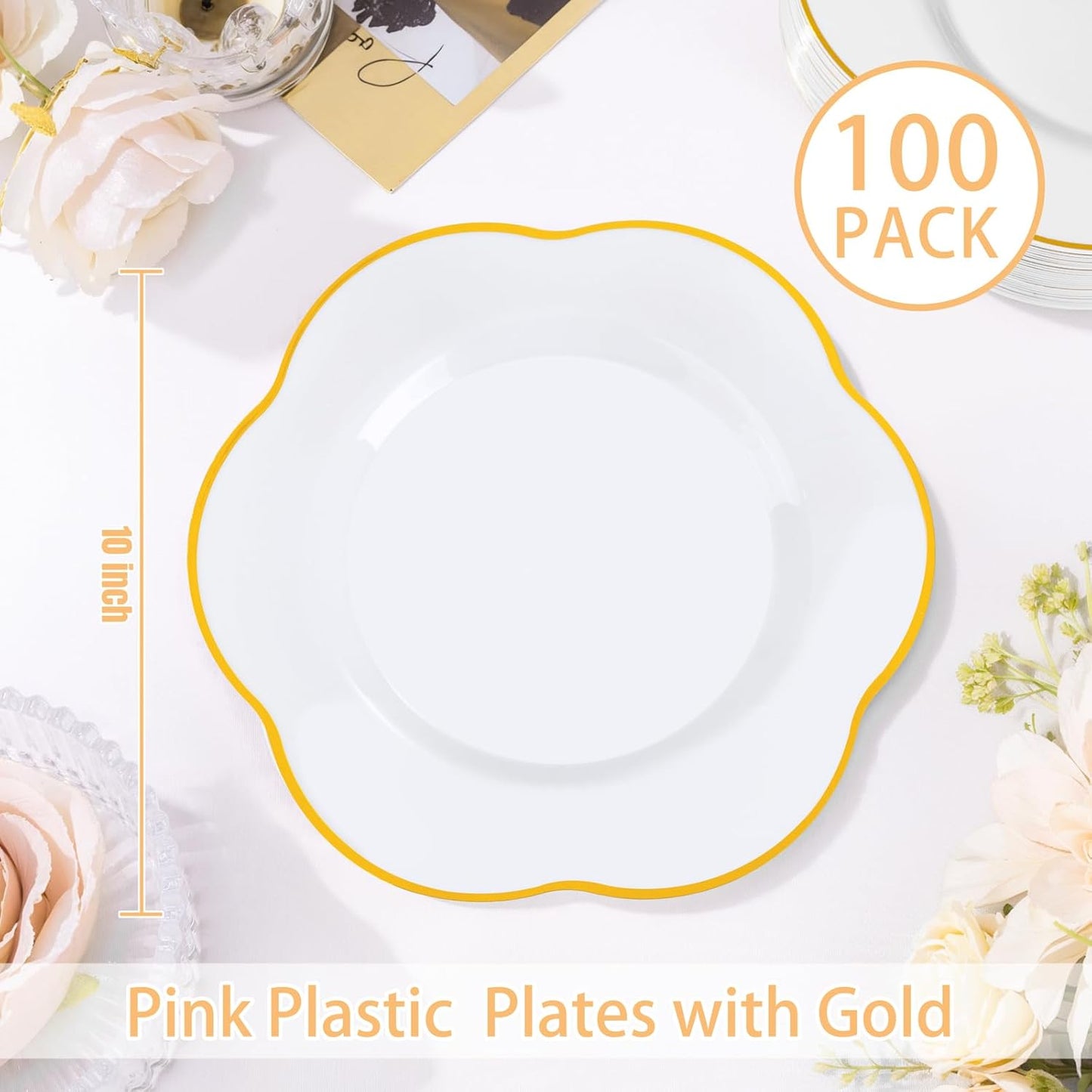 Liacere 100PCS Gold Plastic Plates - White and Gold Dinner Plates - with Gold rim10inch Heavy Duty Disposable Plates, Perfect for Wedding & Party & Holiday & Afternoon Tea &Fall Decor& Thanksgiving