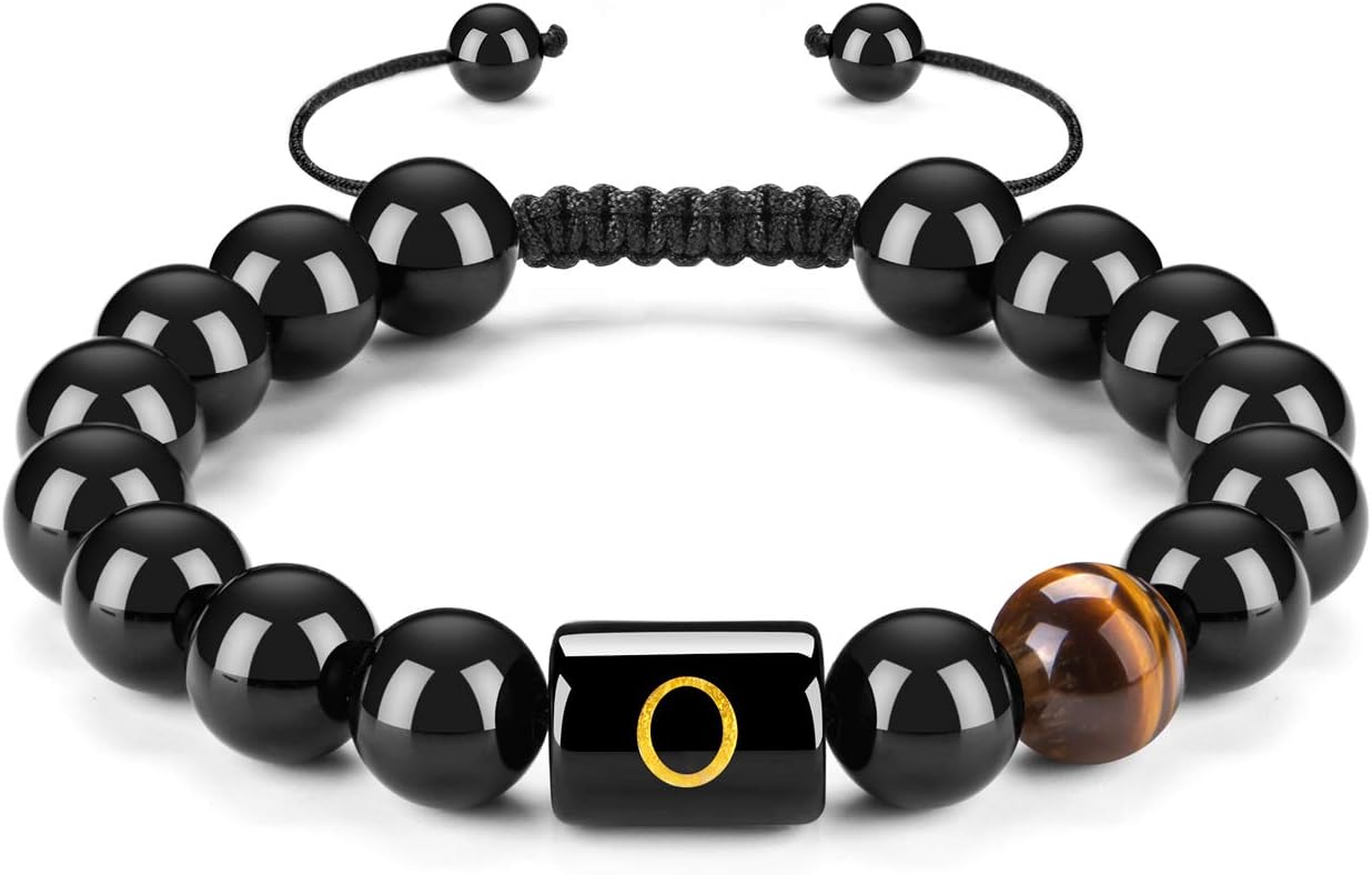 FRG Initials Bracelets for Men Letter Link Handmade Natural Black Onyx Tiger Eye Stone Beads Braided Rope Meaningful Bracelet