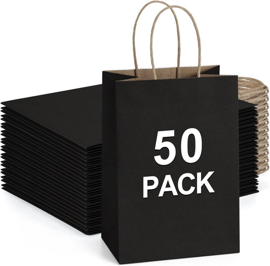 BagDream Small Gift Bags with Handles 50Pcs 5.25x3x8 Kraft Paper Bags Bulk for Party Favor, Retail, Merchandise, Wedding, Gifts, Recyclable Black Paper Sacks
