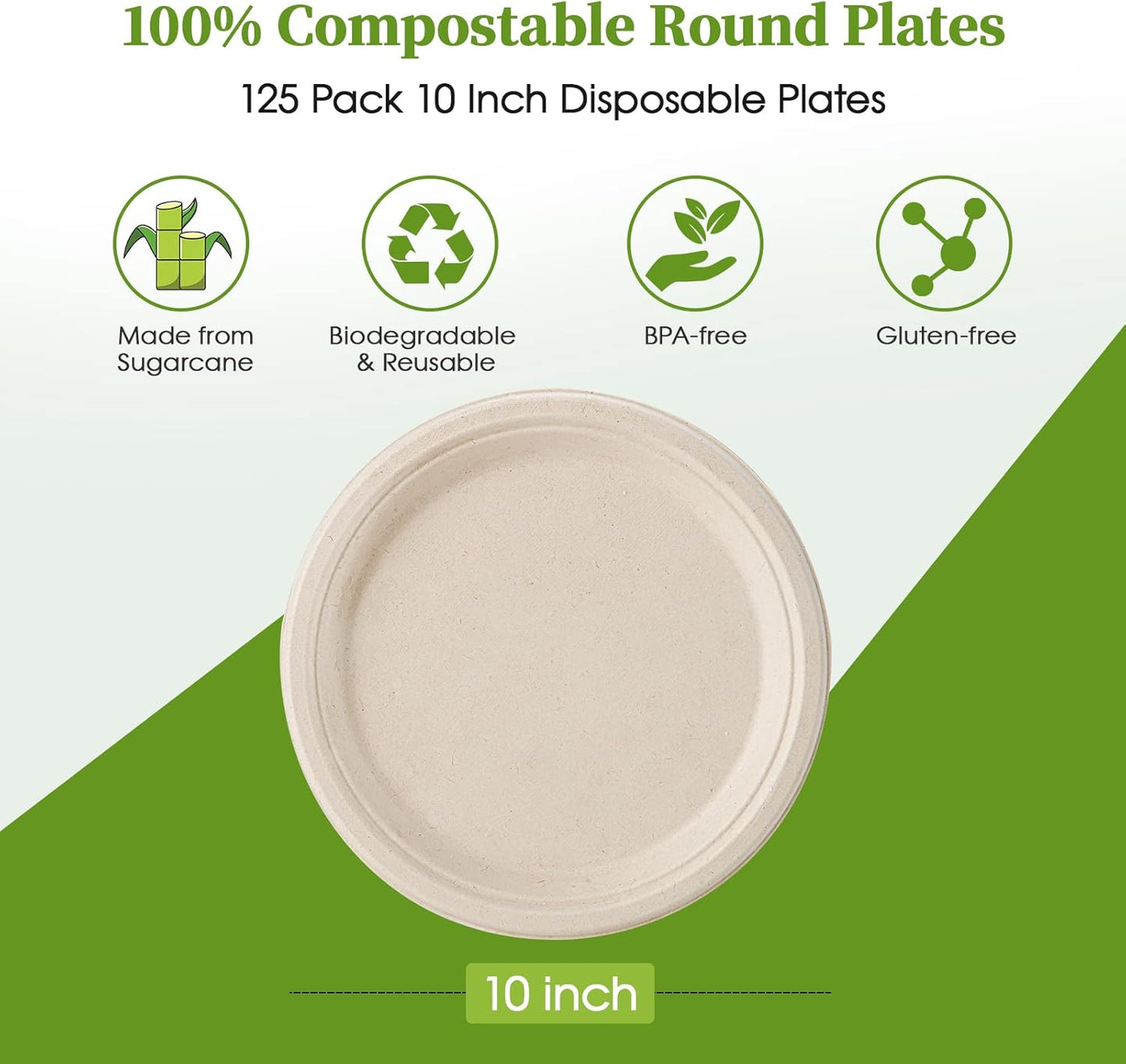ECOLipak 100% Compostable 10 Inch Paper Plates, 125 Pack Heavy Duty Disposable Biodegradable Eco-friendly Sugarcane Bagasse Plates for Dinner Party Thanksgiving