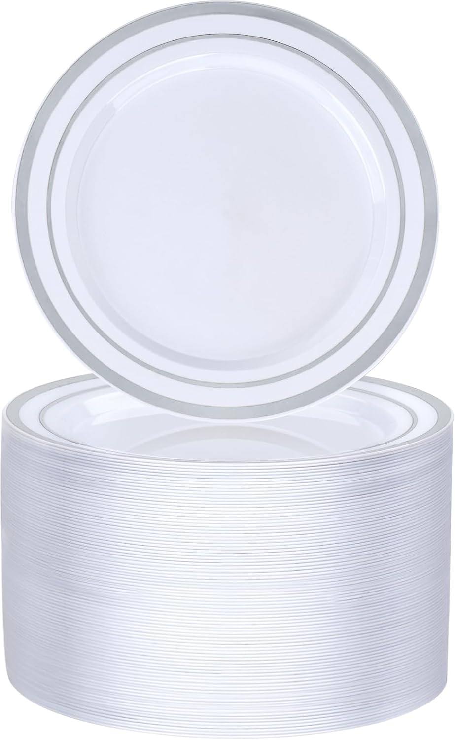 BESTVIP 100PCS 7 Inch Silver Plastic Dessert Plates, Disposable Plate with Silver Rim for Salad/Samll Cakes, Heavy Duty Plates for Party, Wedding and Birthday, Events, Christmas, Thanksgiving