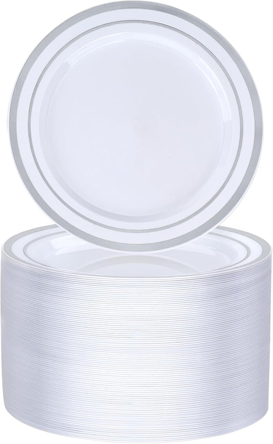 BESTVIP 100PCS 7 Inch Silver Plastic Dessert Plates, Disposable Plate with Silver Rim for Salad/Samll Cakes, Heavy Duty Plates for Party, Wedding and Birthday, Events, Christmas, Thanksgiving