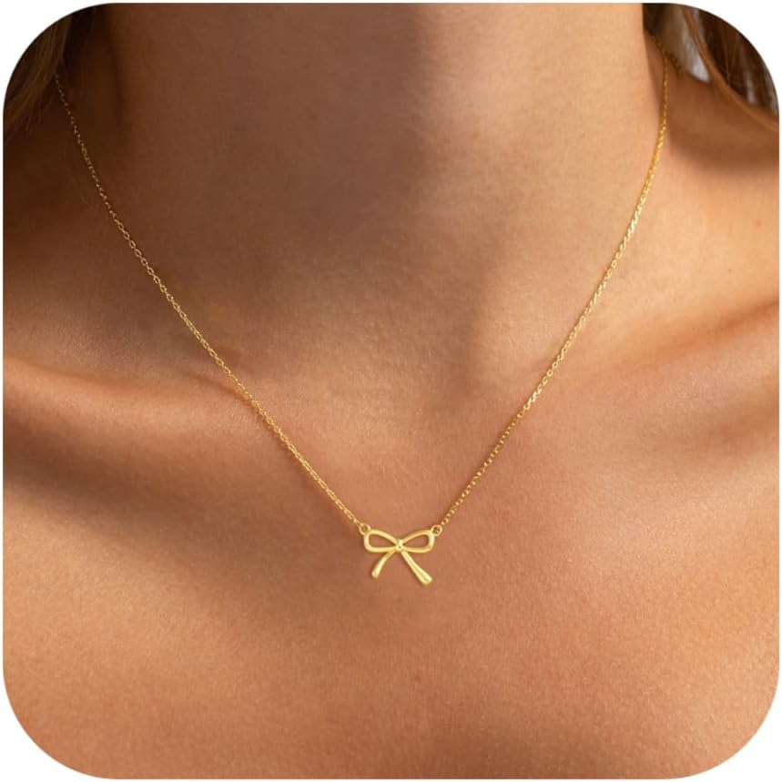 Stocking Stuffers for Women Dainty Bow Necklace 14K Gold Plated Cute Choker Small Pendant Charm Necklaces Teen Gift Trendy Stuff Personalized Jewelry Christmas Gifts