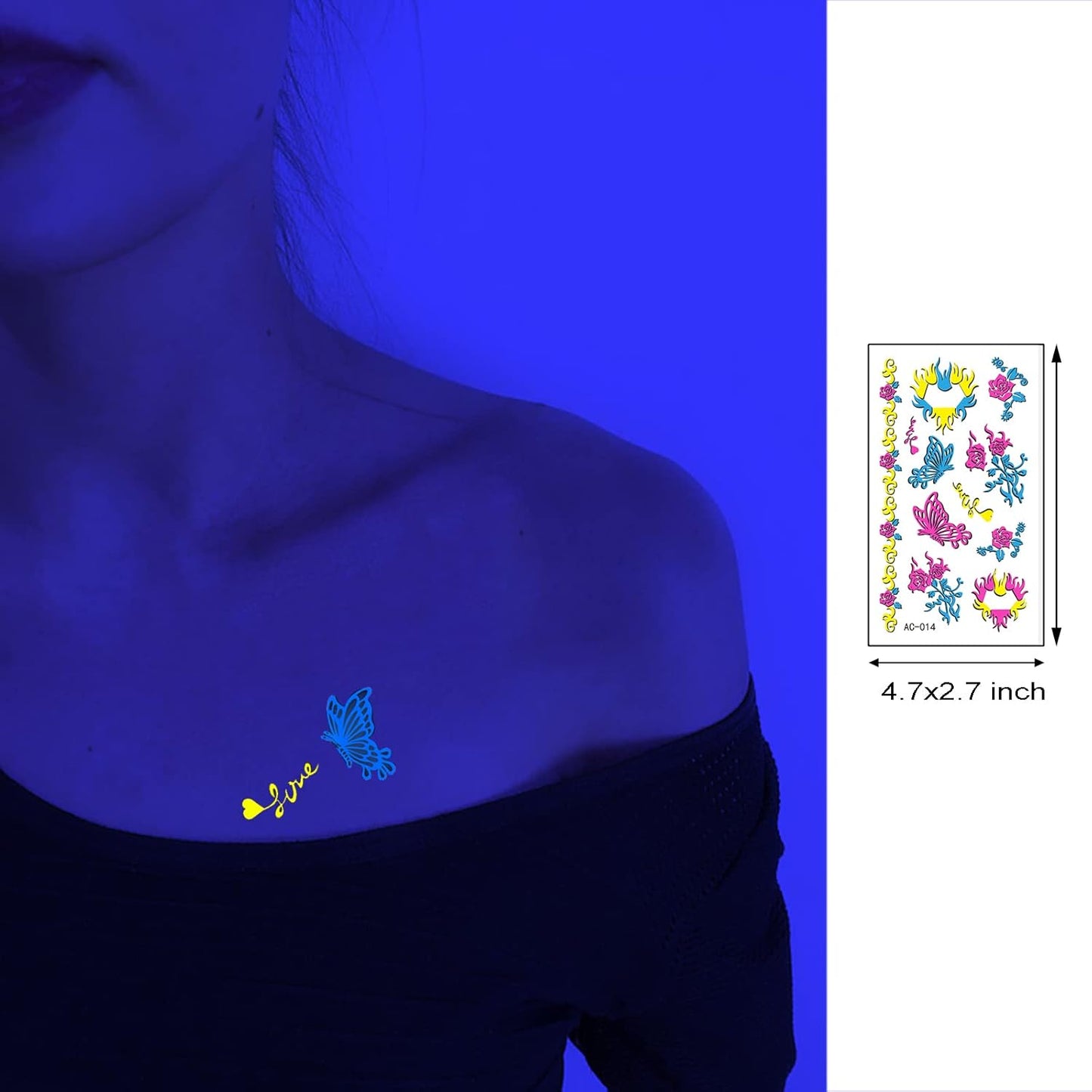 Neon Temporary Tattoos Glow In The UV Neon Tattoos Stickers 61 Glitter Styles Flowers Butterfly Feather Colorful Fake Waterproof Tattoos for Women Girls Party Decoration
