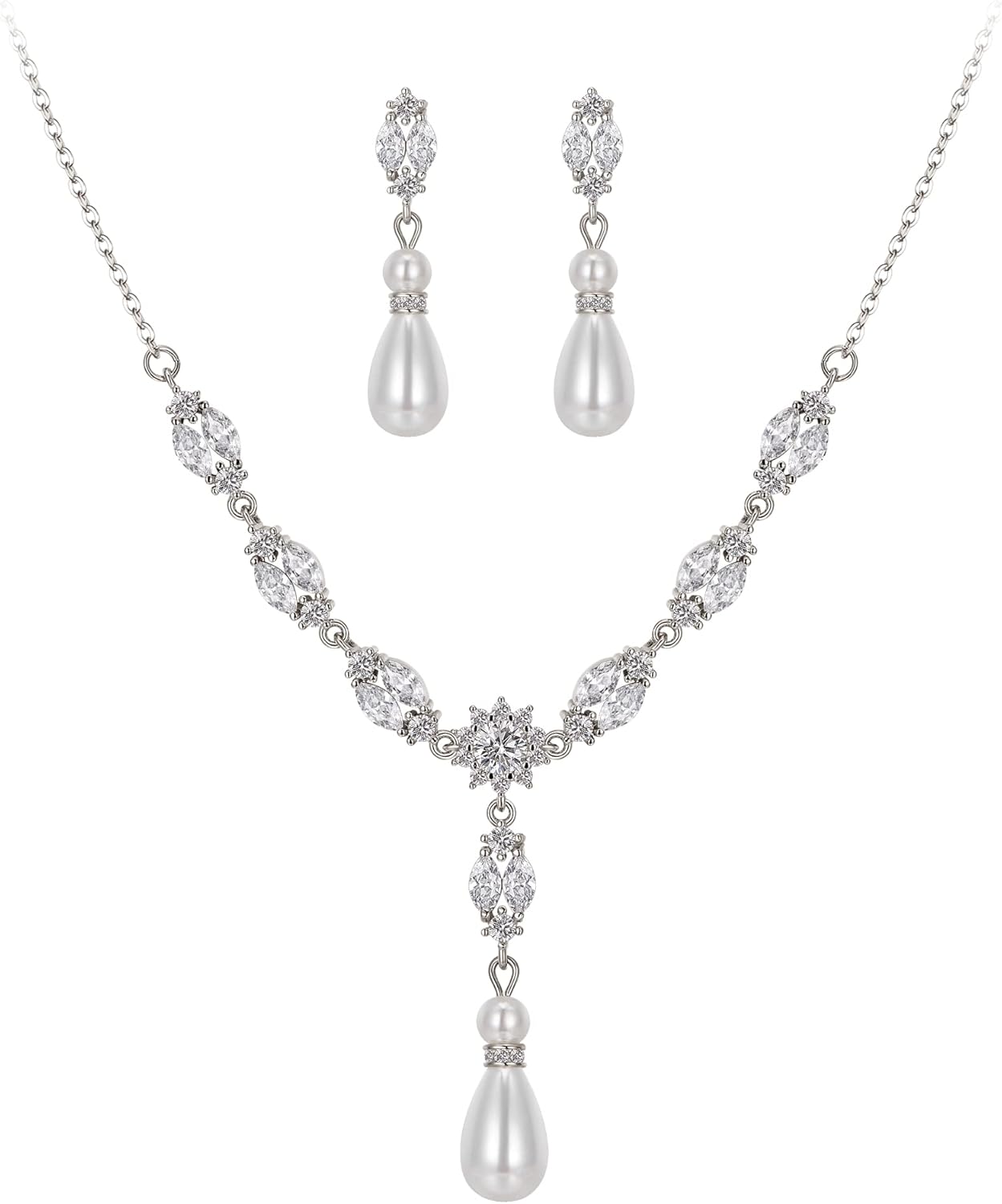 EleQueen Women's Simulated Pearl Wedding Jewelry Set, Cubic Zirconia Marquise Floral Bridal Necklace Earrings Bracelet Sets