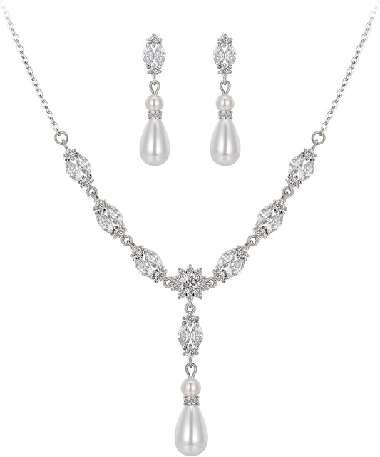 EleQueen Women's Simulated Pearl Wedding Jewelry Set, Cubic Zirconia Marquise Floral Bridal Necklace Earrings Bracelet Sets