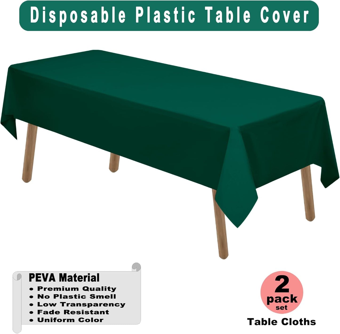Dark Green Plastic Tablecloths 2 Pack Hunter Green Disposable Table Covers 54 x 108 Inch Bridal Shower Party Tablecovers PEVA Forest Green Table Cloths for Birthday Wedding 8 ft Rectangle Table Use