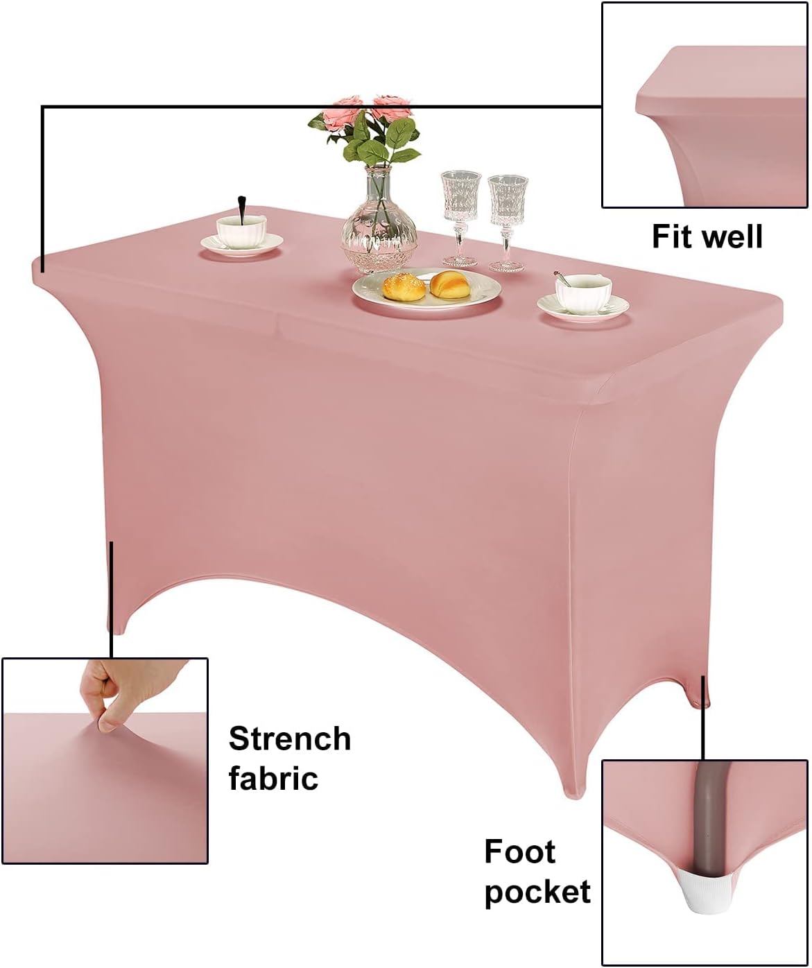 FORLIFE Spandex Table Covers - Fitted 4ft Rectangular Tablecloth, Stretch Patio Table Cover for Wedding, Banquet, Party (Dusty Rose)