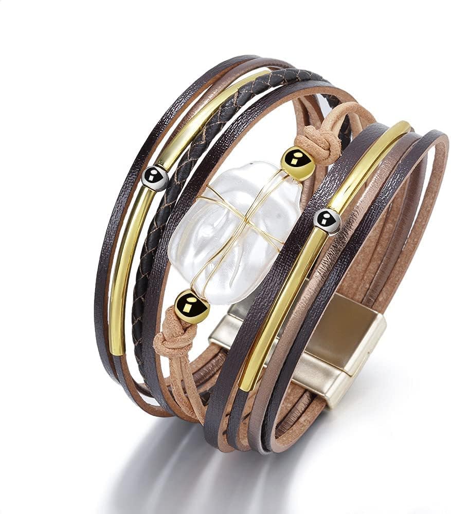 Fesciory Leather Wrap Bracelets for Women, Boho Leopard Multi-Layer Crystal Beads Cuff Bracelet Jewelry