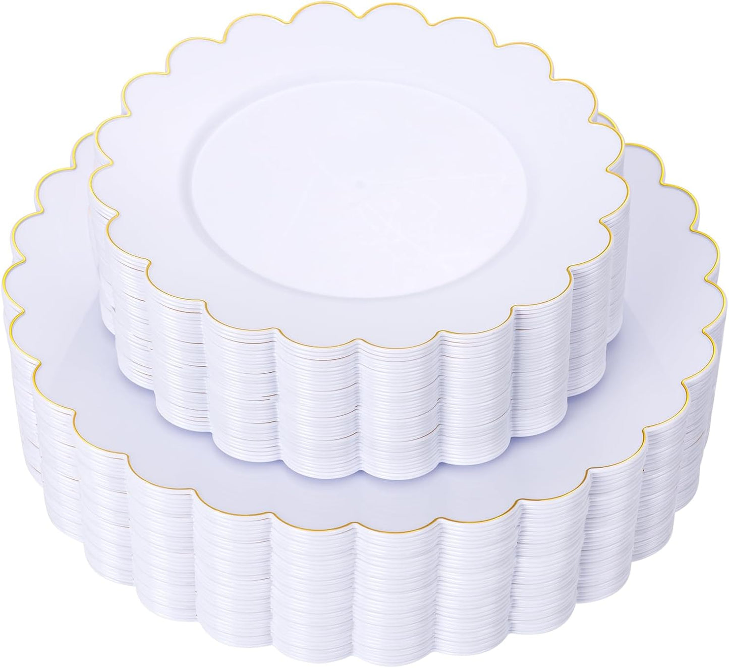 LIYH 60 Pcs White Scalloped Plastic Plates with Gold Rimmed - Gold Disposable Plastic Combo Plates Heavyduty Includes 30 Dessert Plate and 30 Dinner Plate Dishes Tableware for Birthday Party Wedding