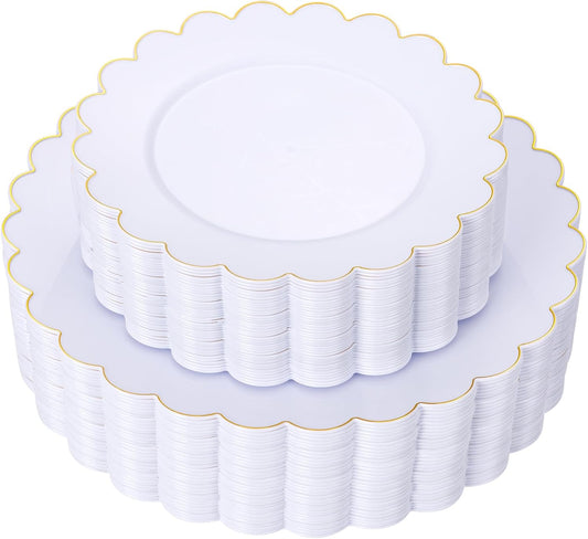 LIYH 60 Pcs White Scalloped Plastic Plates with Gold Rimmed - Gold Disposable Plastic Combo Plates Heavyduty Includes 30 Dessert Plate and 30 Dinner Plate Dishes Tableware for Birthday Party Wedding
