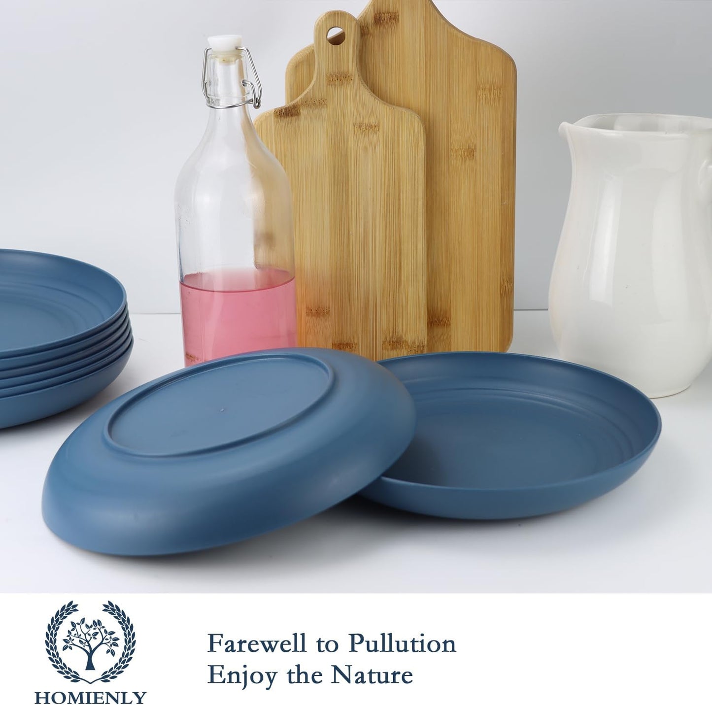 Homienly Deep Dinner Plates Set of 8-9 inch Alternative for Plastic Plates Microwave and Dishwasher Safe Wheat Straw Plates for Kitchen Unbreakable Plate Set (Blue)