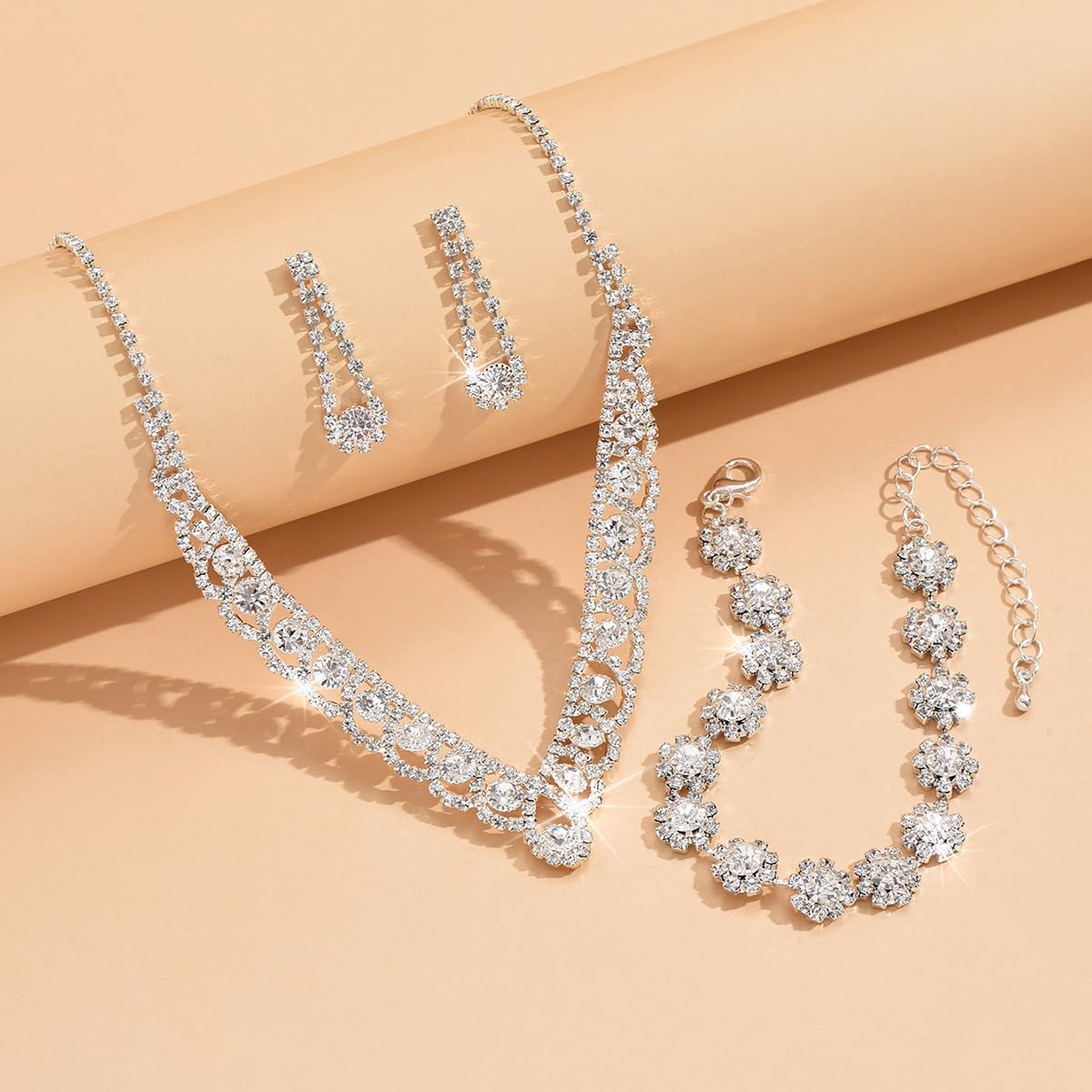 Prom Earrings Necklace Bracelet Set Elegant Crystal Rhinestone Necklace Earrings Bracelet Bridal Wedding Prom Dresses Costume Outfit Gold Jewelry Sets for Women