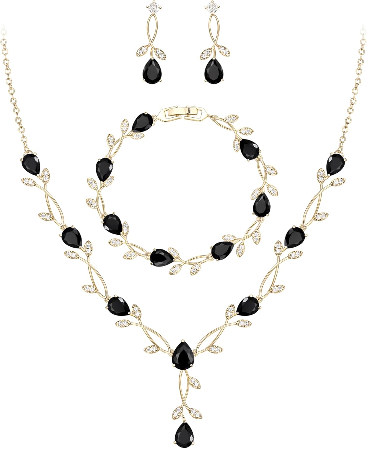 EVER FAITH Bridal Cubic Zirconia Jewelry Sets for Women, White Simulated Pearl Leaf Vine Pendant Wedding Party Necklace Earrings Set for Bridesmaid Bride