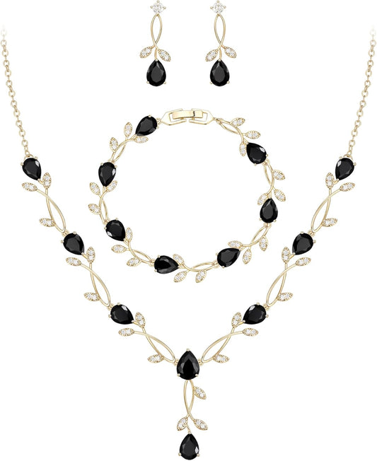 EVER FAITH Bridal Cubic Zirconia Jewelry Sets for Women, White Simulated Pearl Leaf Vine Pendant Wedding Party Necklace Earrings Set for Bridesmaid Bride