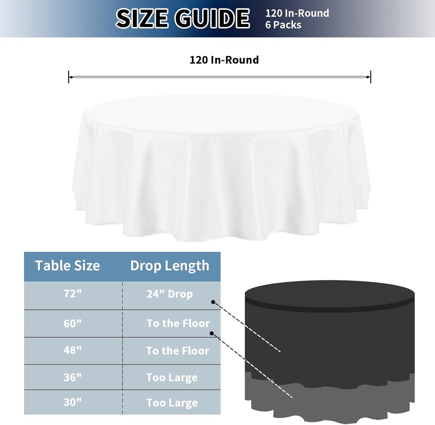 PureFit 6 Pack Round White Table Cloths 120 Inch for Round Tables, Stain and Wrinkle Resistant Table Linens for Home Use, Wedding, Party, Banquet and Camping