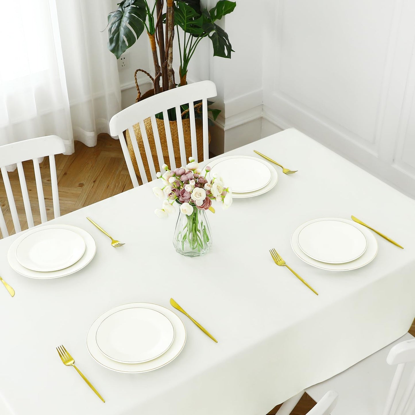 Romanstile 100% Waterproof PVC Tablecloth, Rectangle Oil Spill Proof Stain Resistant Vinyl Table Cloth, Wipe Clean Plastic Table Covers for Kitchen/Dining/Parties - 60 x 84 Inch, Ivory