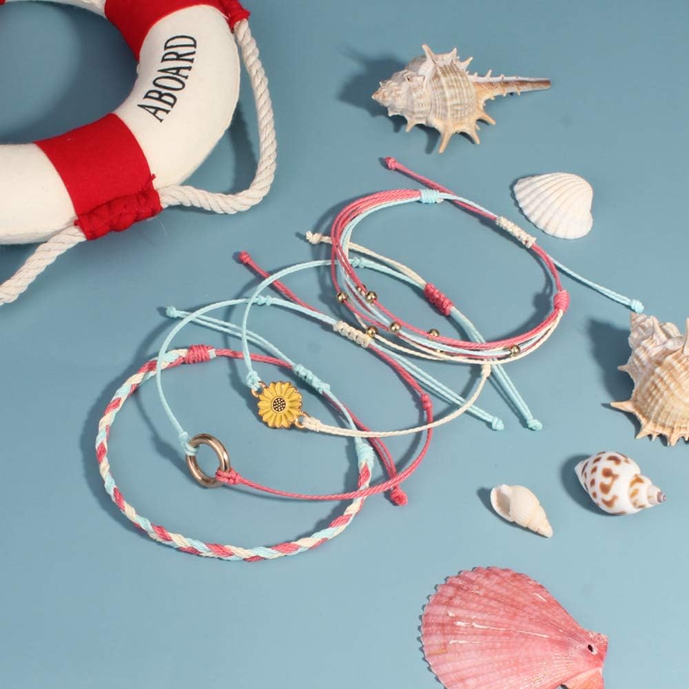 FANCY SHINY Sunflower String Bracelet Boho Braided Rope Wrap Bracelets Cute Summer Beach Surfer Jewelry for Women Christmas Gifts