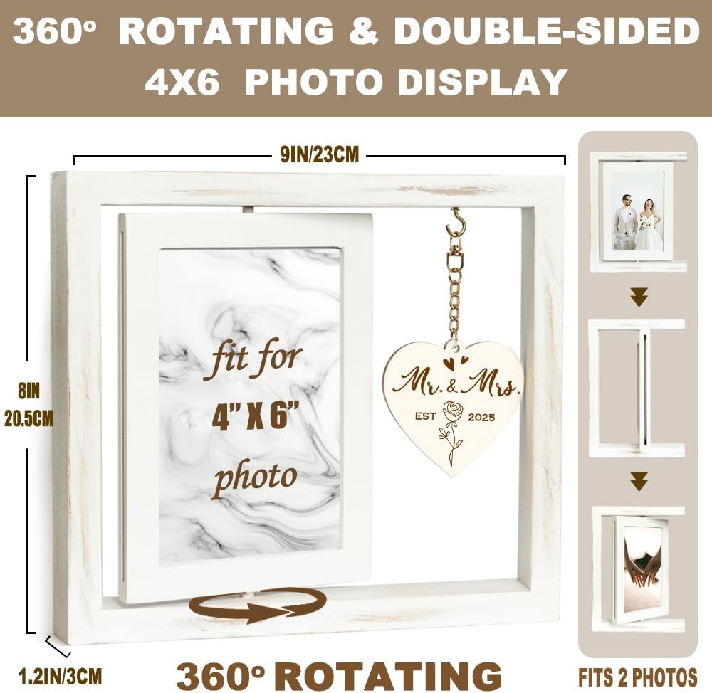 Rotating Wedding EST 2025 Picture Frame 4x6, Mr & Mrs Gifts, Bridal Shower & Engagement Gifts for Couples & Newlyweds