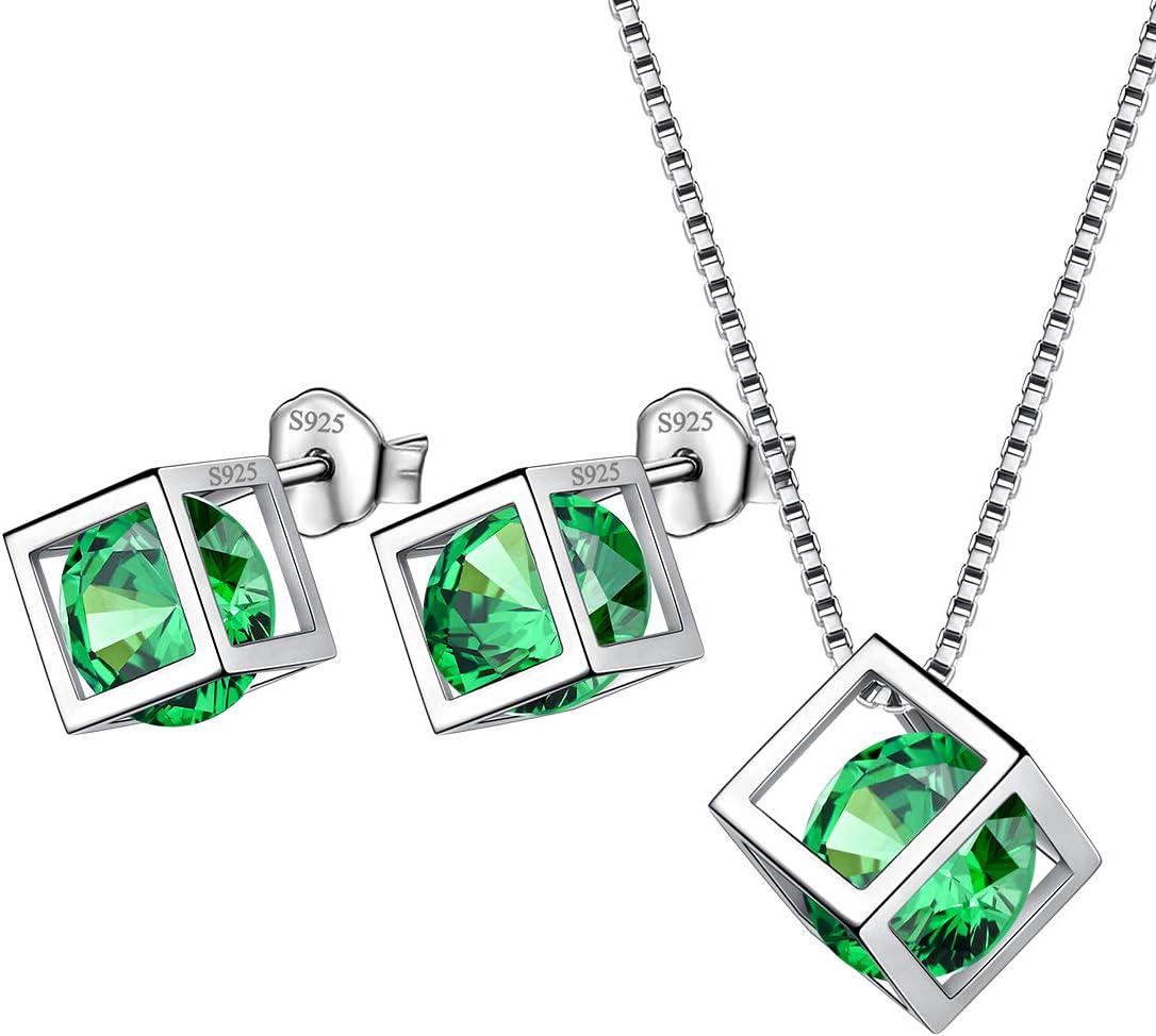 Aurora Tears Birthstone Necklace/Earring 925 Sterling Silver Women Cross/3D Cube/Cresent Moon Birth Stone Jewelry Mens Birthday Gift Anniversary Present