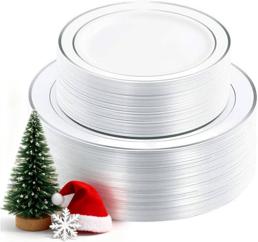 WDF 120PCS Plastic Christmas Plates White Silver Rim - Disposable Plates including 60PCS for Dinner 10.25inch, 60 Salad/Dessert Plates 7.5inch Heavy Duty Wedding