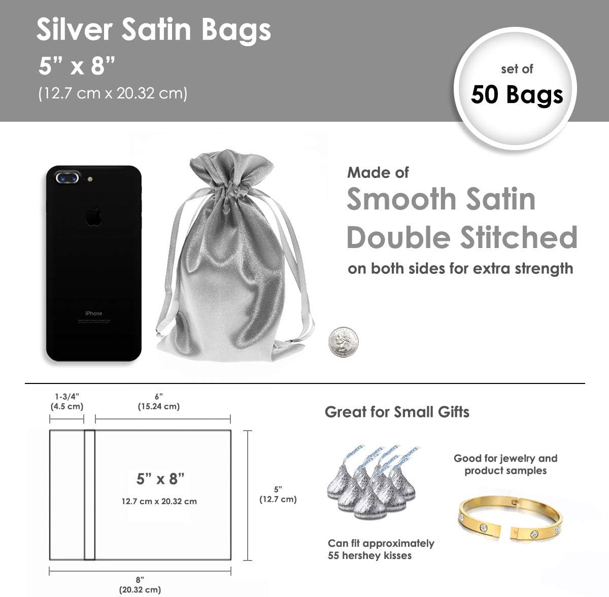 Silver Satin Gift Bags - 5" x 8" Jewelry, Wedding Favor, Baby Shower & Bags - 50 per Pack