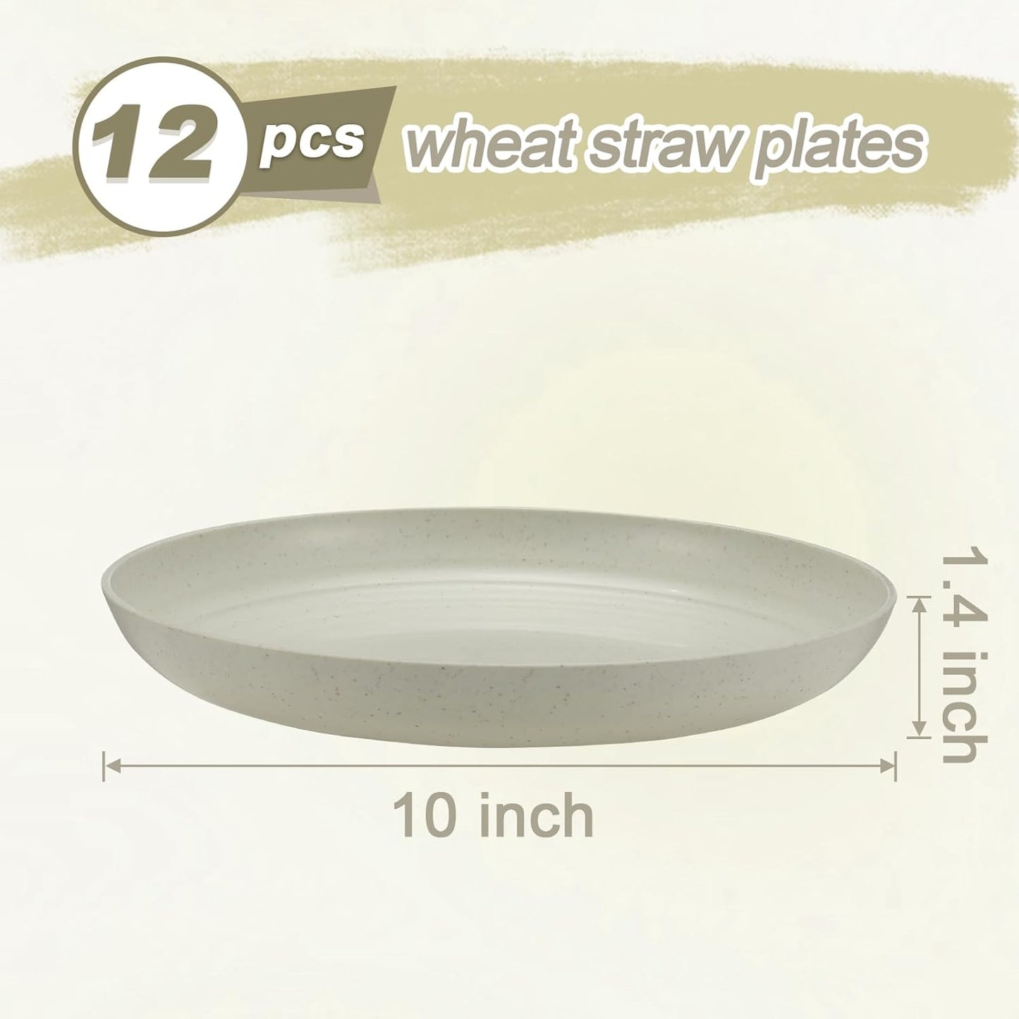 12 Pcs Unbreakable Deep Dinner Plates Set, 10 inch Reusable Plastic Wheat Straw Plates, Microwave and Dishwasher Safe Plate for Kitchen, Lightweight Plate for Dessert, BPA Free, Beige