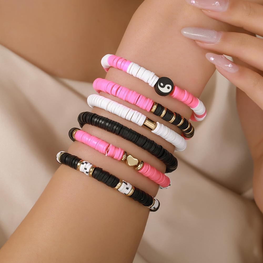 Friendship Bracelets for Women - Heishi Surfer Colorful Smile Evil Eye Clay Beaded Stretch Bracelets Elastic Layering - Stackable Boho Disc Y2K Aesthetic Summer Jewelry Set.