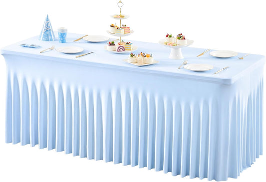 1 Pack Baby Blue Tableclothes for 8 Foot Rectangle Tables, One-Piece Wrinkle Resistant Stretch Spandex Table Covers with Skirt for Event Banquet Wedding Birthday Party