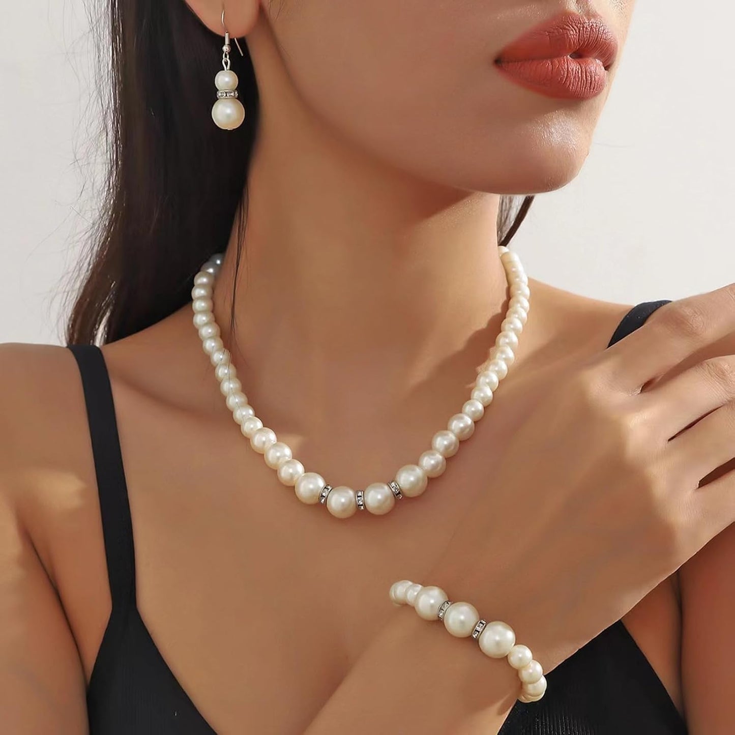 la luen Pearl Bride Wedding Jewelry Set Faux Pearls Crystal Rhinestone Necklace Earrings Bracelet Sets for Women Bridesmaid(3 PCS)