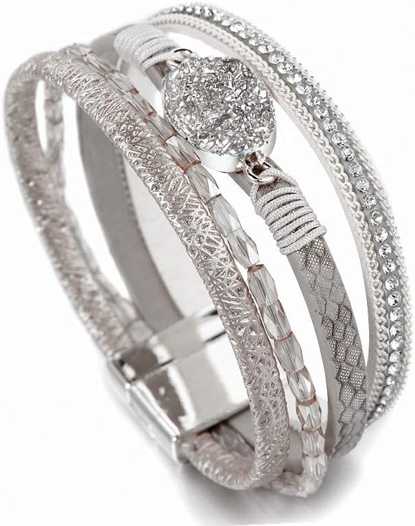 Fesciory Leopard Bracelet for Women, Boho Leather Wrap Multi-Layer Pearl Crystal Bracelet Bangle Jewelry