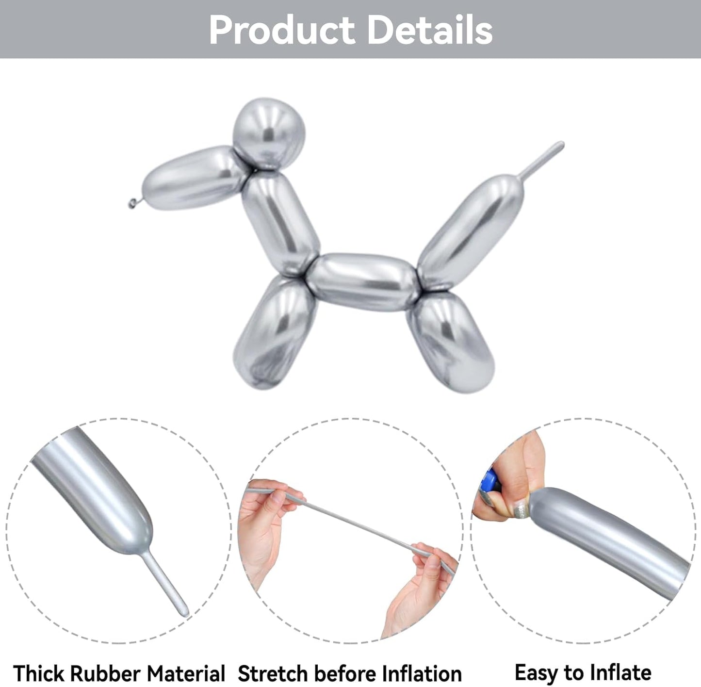 Metallic Silver Long Balloons Premium 260 Twisting Magic Balloons for Birthday Kids Wedding Party Supply 100pcs