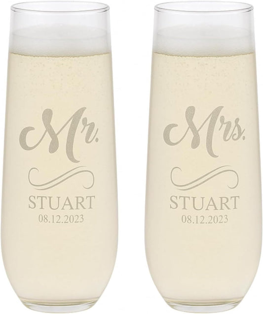 Gifts Inscribed Personalized Champagne Glasses Set of 2 – Custom Stemless Flutes – Laser Engraved Wedding, Anniversary, Engagement, or Bridal Party Gift